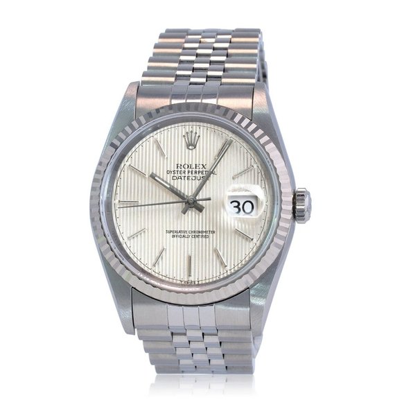 ROLEX DATEJUST UNISEX WATCH SILVER TAPESTRY INDEX DIAL FLUTED JUBILEE 16234 - Picture 2 of 7